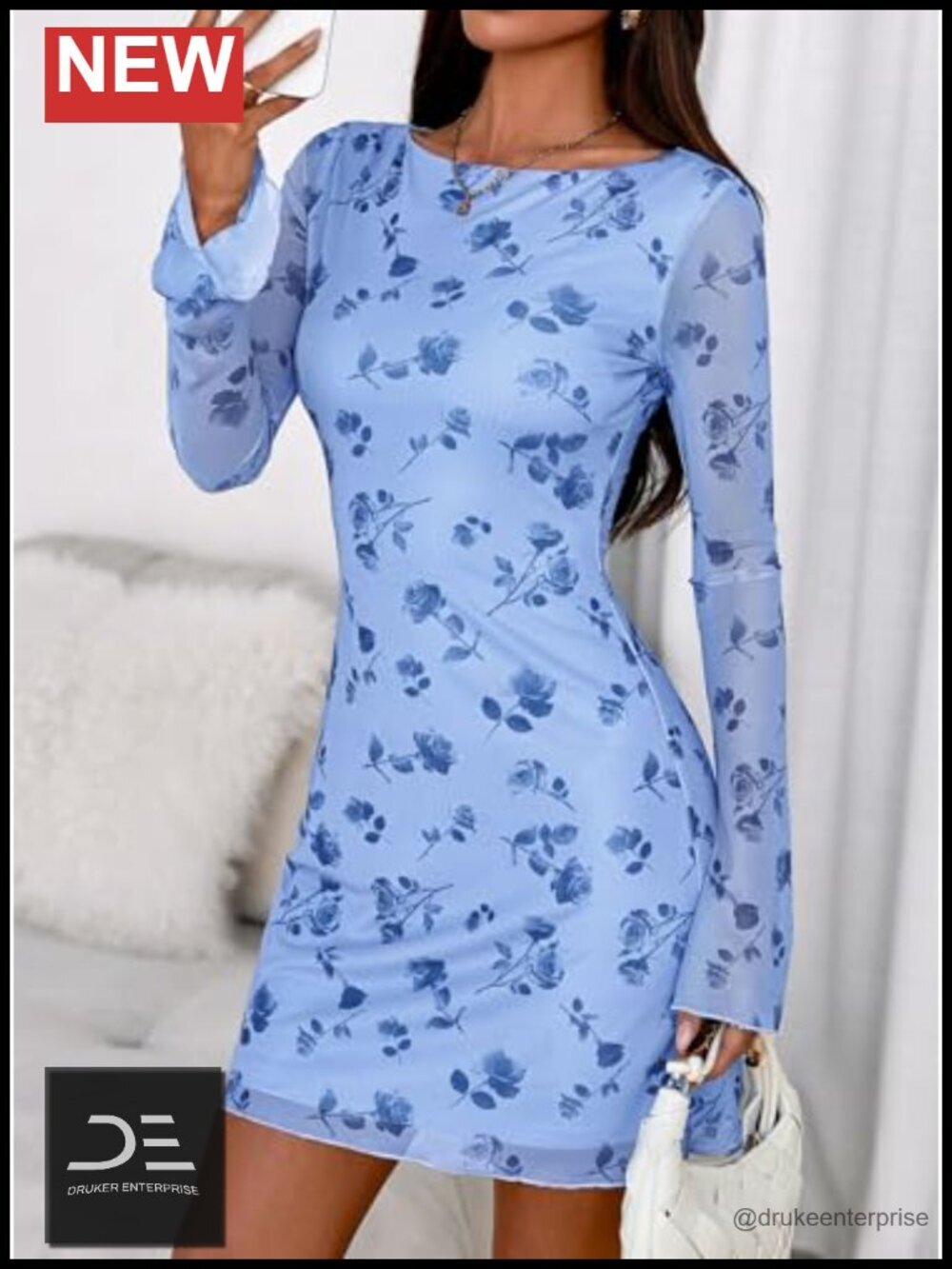 Women's Floral Long Sleeve Bodycon Mini Dress Boat Neck Bell Sleeve Mesh Club - Picture 4 of 6